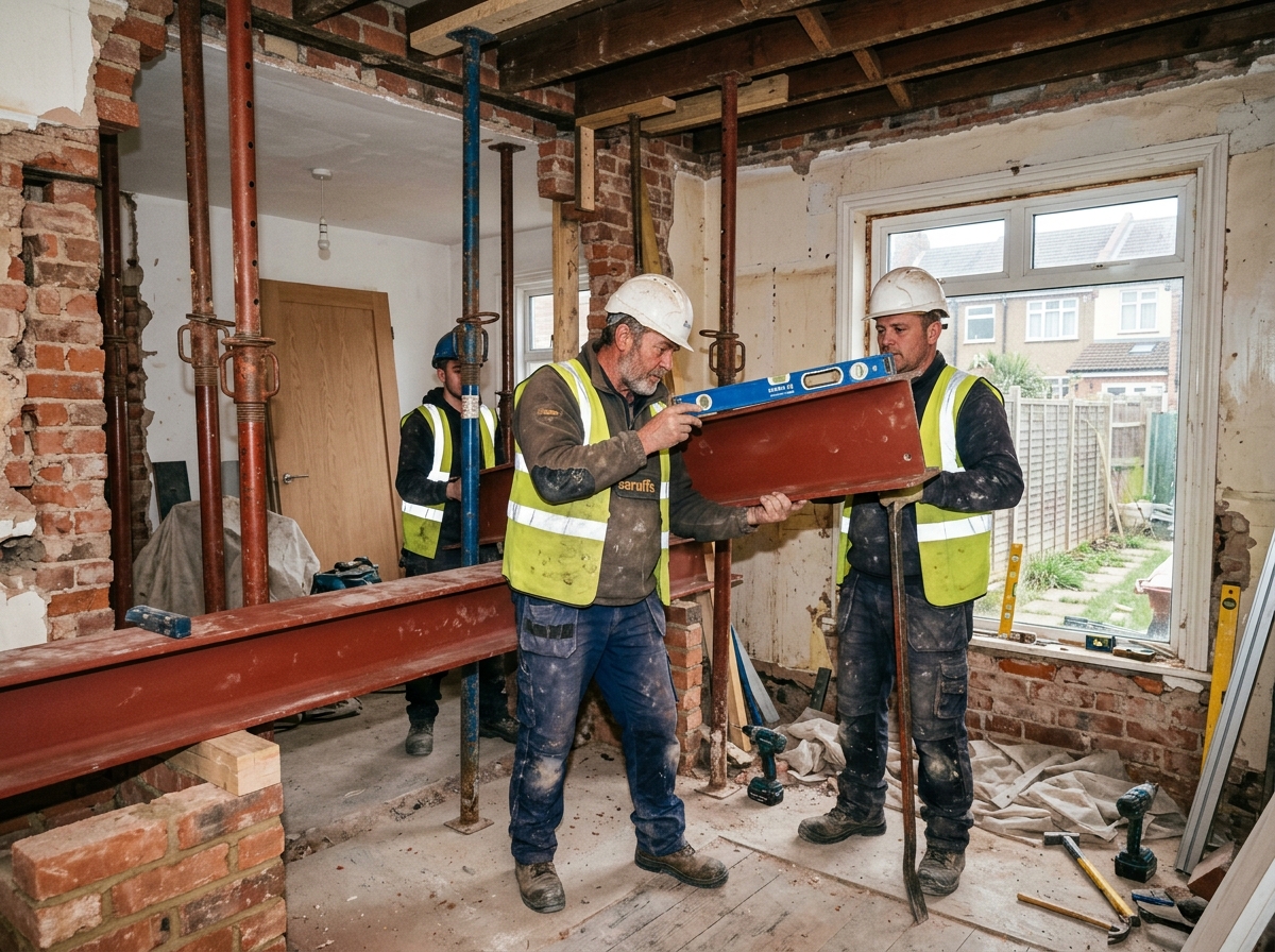 Installation of load-bearing structural steel RSJ beam for an open-plan kitchen diner